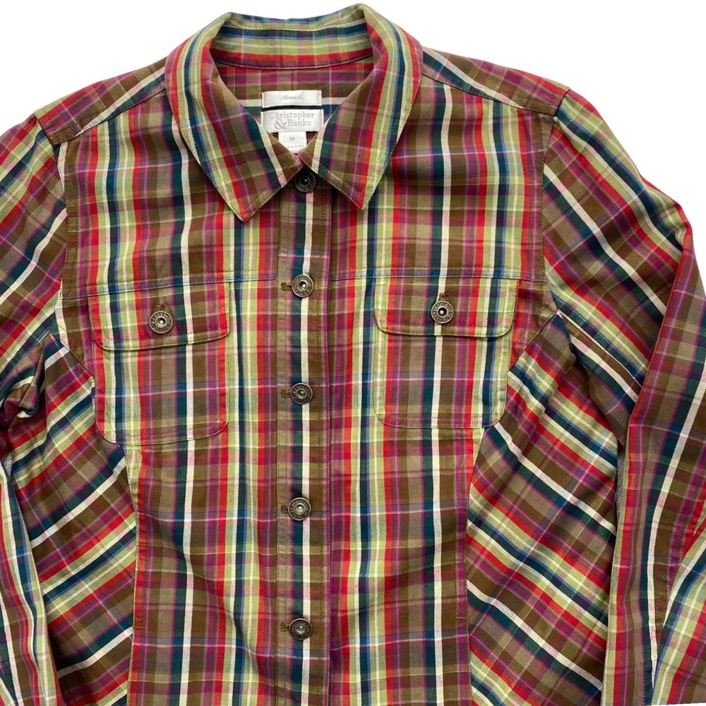 Christopher &‎ Banks Plaid Button Up Womens M Multi-Color Stretch Shirt Shacet